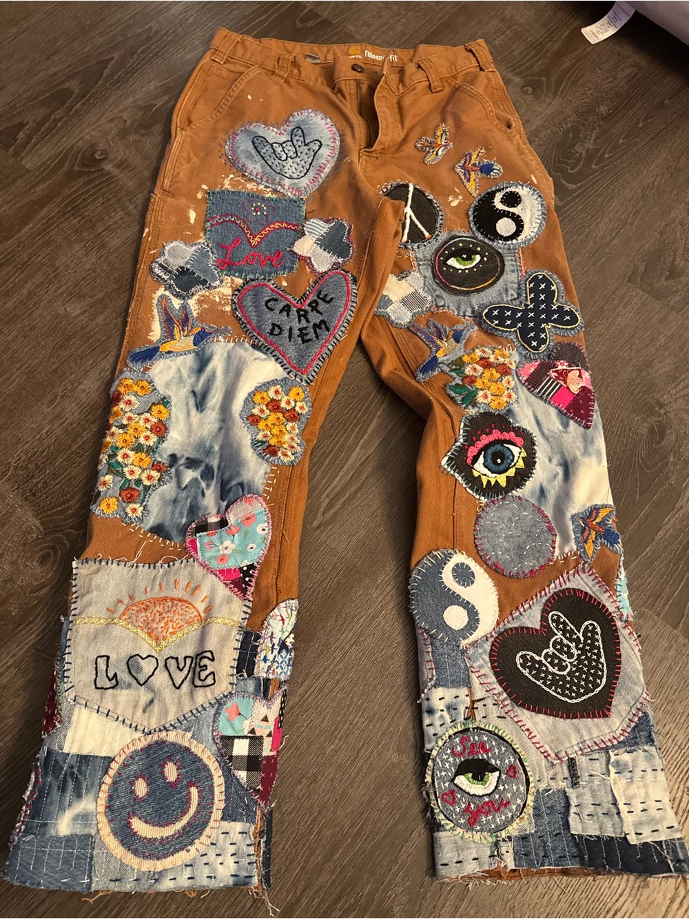 Carhartt Brown Patchwork Embroidered Jeans with Multicolor Appliqués